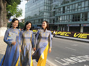 Hanoian girls wearing traditional costume &Aacute;o d&agrave;i during APEC Summit 2006