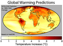 Shows the distribution of warming during the 21st century predicted by the HadCM3 climate model (one of those used by the IPCC) if a business-as-usual scenario is assumed for economic growth and greenhouse gas emissions.  The average warming predicted by this model is 3.0 &deg;C.