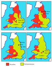 Maps of territory held by Royalists (red) and Parliamentarians (green) during the English Civil War (1642&ndash;1645).