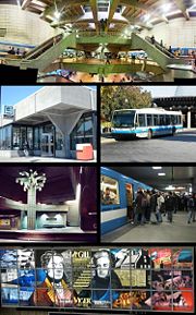 Top: Lionel-Groulx metro station. Second row: Honor&eacute;-Beaugrand metro station, a 1996 NovaBus LFS "167 Le Casino" leaving the Montreal Biosph&egrave;re and heading to the Montreal Casino. Third row: Georges-Vanier metro station, Berri-UQAM metro station.  Bottom: Montreal's first two mayors, Jacques Viger and Peter McGill, in stained glass in the McGill Station of the Montreal Metro.