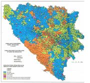 Ethnic map based on the 1991 census. The different colors show majority in every settlement: &nbsp;&nbsp;&nbsp;&nbsp;&nbsp;Serbs &nbsp;&nbsp;&nbsp;&nbsp;&nbsp;Muslims &nbsp;&nbsp;&nbsp;&nbsp;&nbsp;Croats &nbsp;&nbsp;&nbsp;&nbsp;&nbsp;no majority