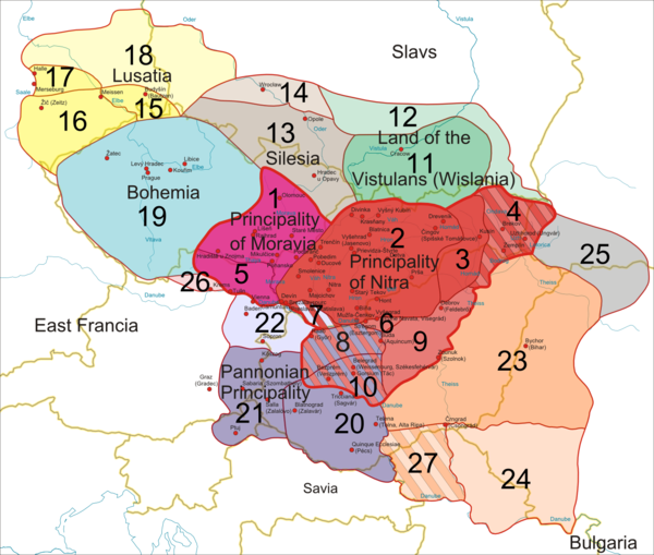 1. Core territory, Principality of Moravia before 833.2. Core territory, Principality of Nitra before 833[citation needed]3. Either part of the Principality of Nitra before 833, or conquered later by Mojm&iacute;r I or by Rastislav.4. Conquered by Mojm&iacute;r I or by Rastislav, administered from Nitra.5. Part of the Principality of Moravia or conquered no later than 853.6. Conquered in 858, administered from Nitra and lost in 894.7. Either part of Nitra or the Balaton Principality. Conquered either in 833 or 883, administered from Nitra. (The supremacy of Great Moravia over the territory is under debate.)8. Conquered in 858 or 883, administered from Nitra and lost in 894. (The supremacy of Great Moravia over the territory is under debate.)9. Conquered by Rastislav or Svatopluk I, administered from Nitra and lost in 896. (The supremacy of Great Moravia over the territory is under debate.)10. Conquered in 858 or 883, administered from Nitra. (The supremacy of Great Moravia over the territory is under debate.)11. Vistulans conquered in 874.12. Probably conquered in 874 along with the Vistulan territory.13. Silesia probably annexed in 880.14. Probably conquered together with Silesia.15. Lusatia controlled in 890-897.16. Probably part of the Great Moravian Lusatia.17. Probably part of the Great Moravian Lusatia.18. Probably part of the Great Moravian Lusatia.19. Bohemia controlled in 888-894.20. The Balaton Principality controlled in 883-894. (The supremacy of Great Moravia over the territory is under debate.)21. Probably part of the conquered Balaton Principality. (The supremacy of Great Moravia over the territory is under debate.)22. Probably part of the conquered Balaton Principality. (The supremacy of Great Moravia over the territory is under debate.)23. Transtheissia controlled in 881-896. (The supremacy of Great Moravia over the territory is under debate.)24. Probably part of Transtheissia. (The supremacy of Great Moravia over the territory is under debate.)25. Conquered by Svatopluk I and lost in 896. (The supremacy of Great Moravia over the territory is under debate.)26. Conquered by Svatopluk I.27. Probably part of Transtheissia. (The supremacy of Great Moravia over the territory is under debate.)(yellow lines: current bordersblue lines: riversred dots: main castles and settlements)