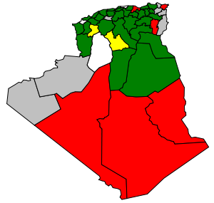 &nbsp;&nbsp;&nbsp;&nbsp;&nbsp;FIS majority&nbsp;&nbsp;&nbsp;&nbsp;&nbsp;50% FIS&nbsp;&nbsp;&nbsp;&nbsp;&nbsp;non-FIS majority&nbsp;&nbsp;&nbsp;&nbsp;&nbsp;Undecided&nbsp;&nbsp;&nbsp;&nbsp;&nbsp;No data availableIn the above provincial seat allocation results of the 1991 elections, the FIS attained majorities in most of Algeria's populated areas.