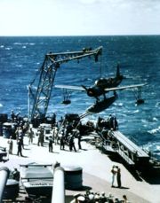 USS&nbsp;Missouri recovers an Vought OS2U Kingfisher during her 1944 shakedown cruise. Note the catapult below the plane, which was used to launch the planes off the battleship.