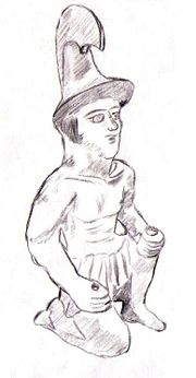 Statuette of a Greek soldier, from a 4th&ndash;3rd century BC burial site north of the Tian Shan, at the maximum extent of Alexander's advance in the East (&Uuml;r&uuml;mqi, Xinjiang Museum, China) (drawing)