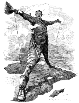 The Rhodes Colossus, a caricature of Cecil Rhodes after announcing plans for a telegraph line from Cape Town to Cairo. For Punch by Edward Linley Sambourne.