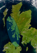 Satellite image of northern Britain and Ireland showing the approximate area of D&aacute;l Riata (shaded).