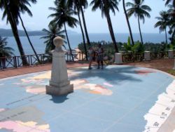 The equator marked as it crosses Ilh&eacute;u das Rolas, in S&atilde;o Tom&eacute; and Pr&iacute;ncipe. The shadow points SW indicating that the Sun is several degrees North likely late April or early August about 1-2 hours before Noon.