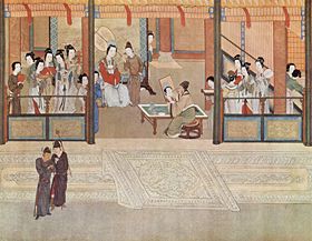 Spring morning in a Han palace, by Qiu Ying (1494&ndash;1552); excessive luxury and decadence were hallmarks of the late Ming period, spurred by the enormous state bullion of incoming silver and private transactions involving silver.