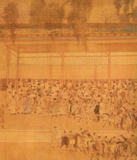 Candidates who had taken the civil service examinations would crowd around the wall where the results were posted; detail from a handscroll in ink and color on silk, by Qiu Ying (1494&ndash;1552).