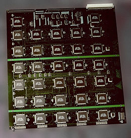 The EFF's US$250,000 DES cracking machine contained over 1,800 custom chips and could brute force a DES key in a matter of days &mdash; the photograph shows a DES Cracker circuit board fitted with several Deep Crack chips.