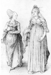 Albrecht D&uuml;rer's drawing contrasts a well turned out bourgeoise from Nuremberg (left) with her counterpart from Venice, in. The Venetian lady's high chopines make her taller.