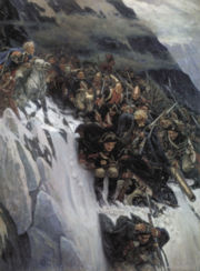 Russian troops under Generalissimo Suvorov crossing the Alps in 1799