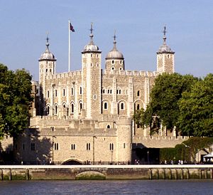 The Tower of London, seen from the River Thames, with a view of the water gate called "Traitors' Gate"