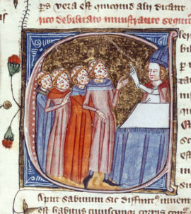 Monks, disfigured by the plague, being blessed by a priest. England, 1360&ndash;75