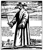 Doktor Schnabel von Rom ("Doctor Beak of Rome"), engraving by Paul F&uuml;rst, 1656. During the period of the Black Death and the Great Plague of London, plague doctors (physicians) visited victims of the plague.