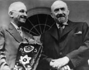 Chaim Weizmann, the first President of Israel, presenting U.S. President Harry S. Truman with a Torah scroll in 1948