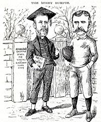 An English cartoon from the 1890s lampooning the divide in rugby football which led to the formation of rugby league. The caricatures are of Rev. Frank Marshall, an arch-opponent of player payments, and James Miller, a long-time opponent of Marshall. The caption reads: Marshall: "Oh, fie, go away naughty boy, I don't play with boys who can&rsquo;t afford to take a holiday for football any day they like!" Miller: "Yes, that&rsquo;s just you to a T; you&rsquo;d make it so that no lad whose father wasn&rsquo;t a millionaire could play at all in a really good team. For my part I see no reason why the men who make the money shouldn&rsquo;t have a share in the spending of it."