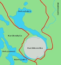 Karikkoselk&auml; - The lake with the impact structure area in grey.