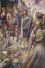 An early 20th century depiction of Columba's miracle at the gate of King Bridei's fortress, described in Adomn&aacute;n's late 7th century Vita Columbae.