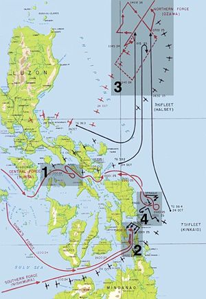 The four main actions in the battle of Leyte Gulf. 1 Battle of the Sibuyan Sea 2 Battle of Surigao Strait 3 Battle of (or 'off') Cape Enga&ntilde;o 4 Battle off Samar