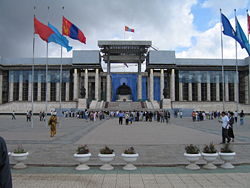 Statue of Genghis Khan in front of the Mongolian government building in S&uuml;khbaatar Square, Ulaanbaatar