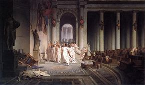 The Death of Caesar, by Jean-L&eacute;on G&eacute;r&ocirc;me (1867). On March 15, 44 BC, Octavius' adoptive father Julius Caesar was assassinated by a conspiracy led by Marcus Junius Brutus and Gaius Cassius Longinus