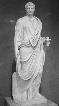 Augustus as a magistrate; the statue's marble head was made c. 30&ndash;20 BC, the body sculpted in the 2nd century AD