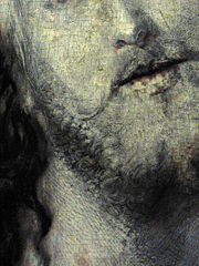 This detail from Salvatore Mundi, an unfinished oil painting on wood, reveals D&uuml;rer's highly detailed preparatory drawing.  See full painting