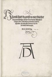 Title page of Vier B&uuml;cher von menschlicher Proportion showing the monogram signature of Albrecht D&uuml;rer