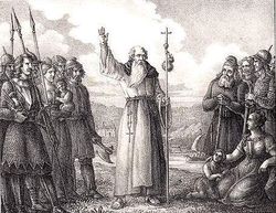 An 1830 portrayal of Ansgar, a Christian missionary invited to Sweden by its king Bj&ouml;rn at Hauge in 829.