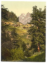 The Zmutt Valley and the Mischabelh&ouml;rner (or Mischabel) mountains in the canton of Valais.  The image is from a photochrom postcard (circa 1890).