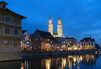 The Grossm&uuml;nster cathedral and waterfront in modern day Z&uuml;rich.