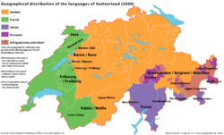 Official languages in Switzerland: &nbsp;&nbsp;&nbsp;&nbsp;&nbsp; Swiss German (62.7%; 72.5%)  &nbsp;&nbsp;&nbsp;&nbsp;&nbsp; French (20.4%; 21.0%)  &nbsp;&nbsp;&nbsp;&nbsp;&nbsp; Italian (6.5%; 4.3%)  &nbsp;&nbsp;&nbsp;&nbsp;&nbsp; Romansh (0.5%; 0,6% ) 