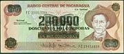 A 1000 C&oacute;rdoba banknote, which was re-printed with a value of 200,000 C&oacute;rdobas during the inflationary period of the late 1980s.