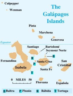 Map of the Gal&aacute;pagos archipelago showing the names of the islands.