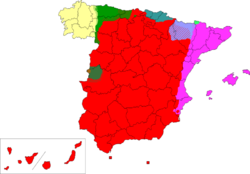 The languages of Spain (simplified)   &nbsp;&nbsp;&nbsp;&nbsp;&nbsp;Spanish (74%), official, spoken in all the territory &nbsp;&nbsp;&nbsp;&nbsp;&nbsp;Catalan (17%), co-official, except in La Franja and Carxe &nbsp;&nbsp;&nbsp;&nbsp;&nbsp;Basque (2%), co-official, in Basque Country and Navarre &nbsp;&nbsp;&nbsp;&nbsp;&nbsp;Galician (7%), co-official, except in Asturias and Castile and Leon &nbsp;&nbsp;&nbsp;&nbsp;&nbsp;Asturian, unofficial, but adopted as co-official in some municipalities of Asturias &nbsp;&nbsp;&nbsp;&nbsp;&nbsp;Extremaduran, unofficial &nbsp;&nbsp;&nbsp;&nbsp;&nbsp;Aragonese, unofficial &nbsp;&nbsp;&nbsp;&nbsp;&nbsp;Aranese, co-official (dialect of Occitan) .
