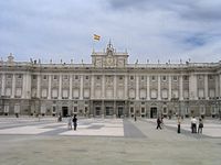 A view of the Baroque architecture of the Royal Palace of Madrid.