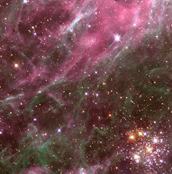 A small portion of the Tarantula Nebula, a giant H&nbsp;II region in the Large Magellanic Cloud.