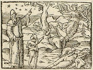 "A child of the mob once asked an astronomer who the father was who brought him into this world. The scholar pointed to the sky, and to an old man sitting, and said: 'That one there is your body's father, and that your soul's.' To which the boy replied: 'WHAT IS ABOVE US IS OF NO CONCERN TO US, and I'm ashamed to be the child of such an aged man!' O WHAT SUPREME impiety, not to want to recognize your father, and not to think God is your maker!" Emblem illustrating practical atheism and its historical association with immorality, titled "Supreme Impiety: Atheist and Charlatan", from Picta poesis, by Barth&eacute;lemy Aneau, 1552.