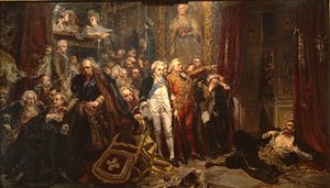 "Rejtan &ndash; The Fall of Poland", oil on canvas by Jan Matejko, 1866, 282&times;487cm, Royal Castle in Warsaw. Tadeusz Rejtan (lower right) in September 1773 tried to prevent the legitimisation of the first partition of Poland by preventing the members of Sejm from entering the chamber.