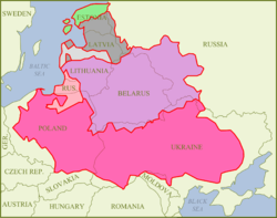 Outline of the Polish&ndash;Lithuanian Commonwealth with its major subdivisions after the 1618 Peace of Deulino, superimposed on present-day national borders.  &nbsp;&nbsp;&nbsp;&nbsp;&nbsp;The Crown &nbsp;&nbsp;&nbsp;&nbsp;&nbsp;Duchy of Prussia, Polish fief &nbsp;&nbsp;&nbsp;&nbsp;&nbsp;Grand Duchy of Lithuania &nbsp;&nbsp;&nbsp;&nbsp;&nbsp;Duchy of Courland, Lithuanian fief &nbsp;&nbsp;&nbsp;&nbsp;&nbsp;Duchy of Livonia &nbsp;&nbsp;&nbsp;&nbsp;&nbsp;Swedish and Danish Livonia