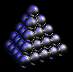 Fig. 8  When many of the chemical elements, such as the noble gases and platinum-group metals, freeze to a solid &mdash; the most ordered state of matter &mdash; their crystal structures have a closest-packed arrangement. This yields the greatest possible packing density and the lowest energy state.
