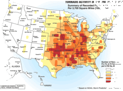 Intense tornado activity in the United States.  The darker-colored areas denote the area commonly referred to as Tornado Alley.