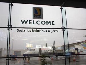 Jersey Airport greets travellers with "Welcome to Jersey" in J&egrave;rriais.