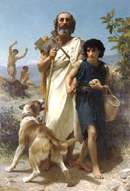 Homer and His Guide, by William-Adolphe Bouguereau (1825&ndash;1905). The scene portrays Homer on Mount Ida, beset by dogs and guided by the goatherd, Glaucus. (The tale is told in Pseudo-Herodotus).