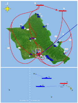 The attackers came in two waves. The first wave was detected by U.S. Army radar at 136&nbsp;nautical miles (252&nbsp;km), but was misidentified as USAAF bombers from the mainland.Top:A. Ford Island NAS B. Hickam Field C. Bellows Field D. Wheeler Field E. Kaneohe NAS F. Ewa MCAS R-1. Opana Radar Station R-2. Kawailoa RS R-3. Kaaawa RSG. Haleiwa H. Kahuku I. Wahiawa J. Kaneohe K. Honolulu0. B-17s from mainland 1. First strike group 1-1. Level bombers 1-2. Torpedo bombers 1-3. Dive bombers 2. Second strike group 2-1. Level bombers 2-1F. Fighters 2-2. Dive bombersBottom:A. Wake Island B. Midway Islands C. Johnston Island D. HawaiiD-1. Oʻahu1. USS Lexington 2. USS Enterprise 3. First Air Fleet