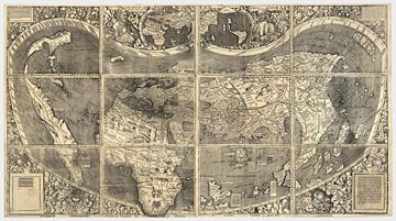 Universalis Cosmographia, Waldseem&uuml;ller's 1507 world map which was the first to show the Americas separate from Asia
