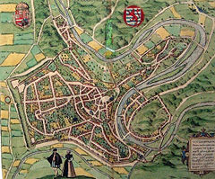 The late medieval city of Luxembourg, as painted in 1581 by Franz Hogenberg, covered the area of Ville Haute, bounded by the Alzette and P&eacute;trusse rivers.