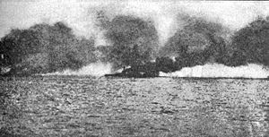 Beatty's flagship Lion burning after being hit by a salvo from L&uuml;tzow